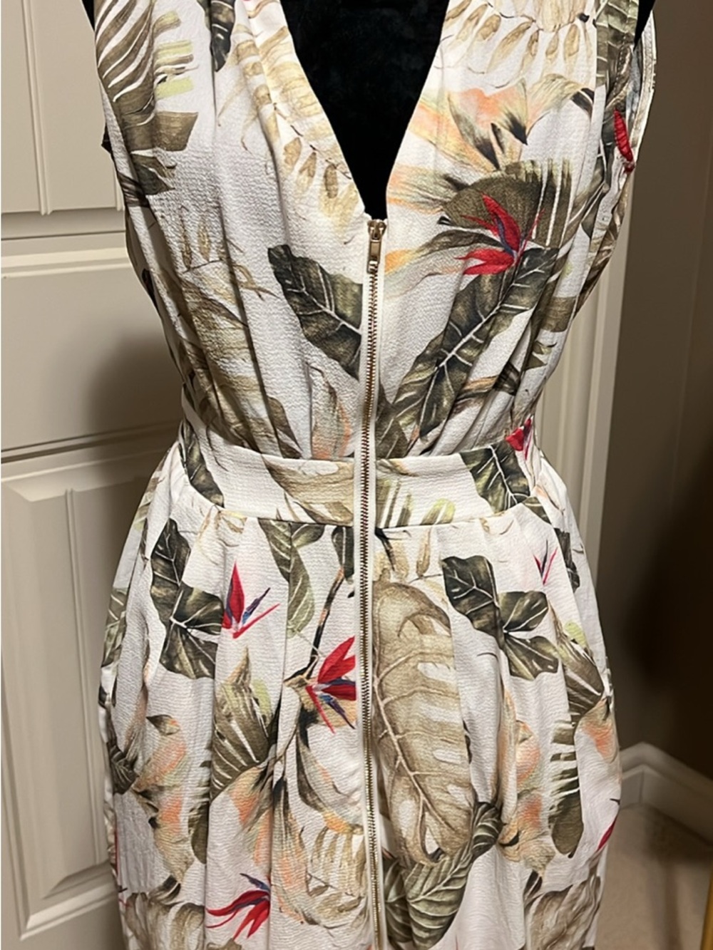 Tropical Zip-Front Dress in White with Green Accents and pockets